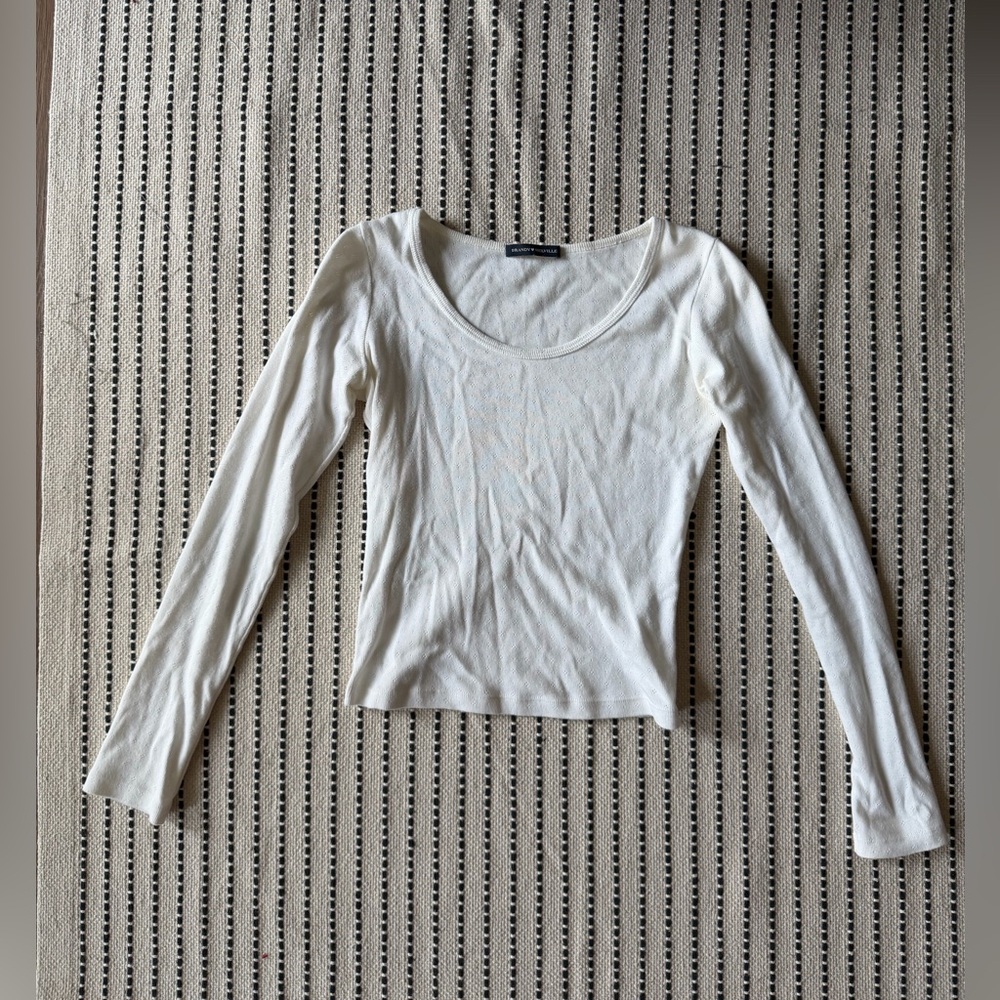 Brandy Melville Cropped Eyelet Long Sleeve Top Cream